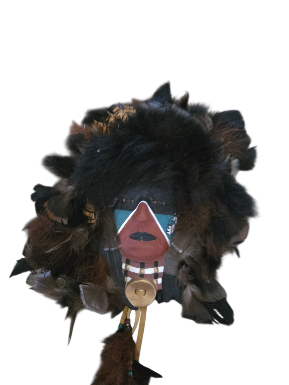 Feathered Native Style Decorative Mask in Black and Brown Wall Art